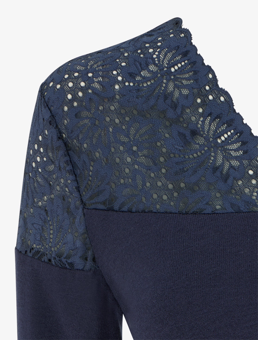 Pull fin à col V et poignets en dentelle - Marine - 3