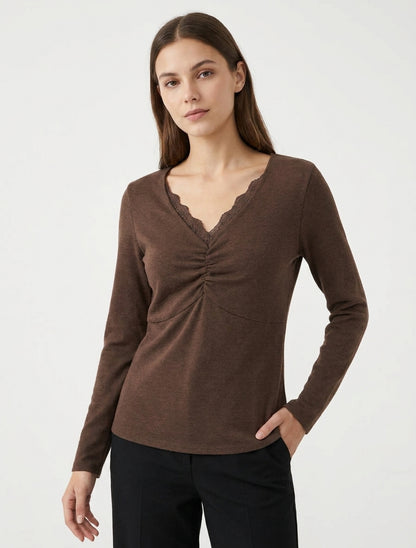 Feiner V-Ausschnitt-Pullover aus Spitze - Braun