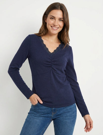 Feiner V-Ausschnitt-Pullover aus Spitze - Marine