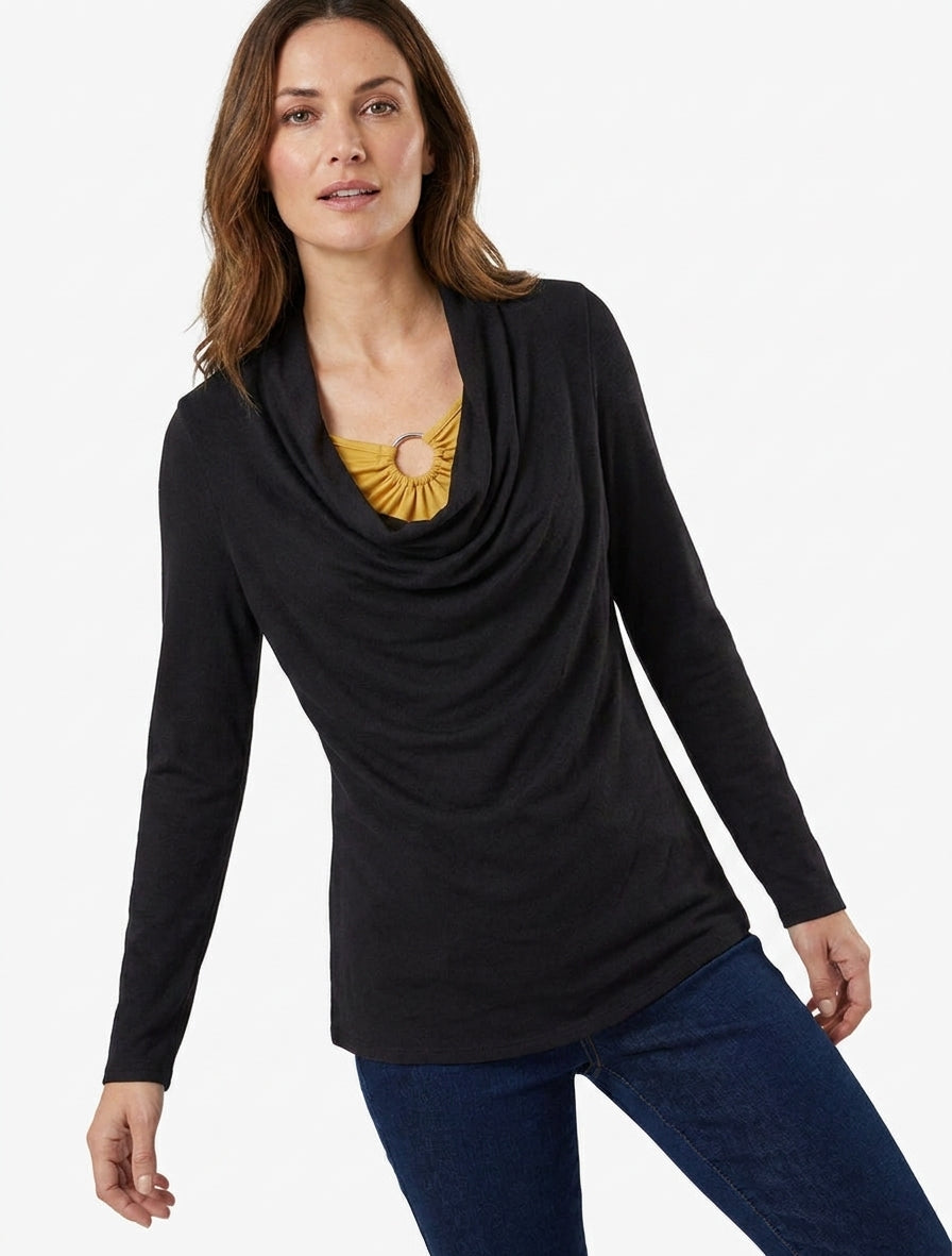 Gerader Pullover mit doppeltem Effekt, Wasserfallausschnitt und Schmuck. - Schwarz/Senf