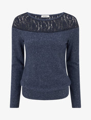 Pull duveteux droit à col rond et empiècement dentelle - Marine - 1
