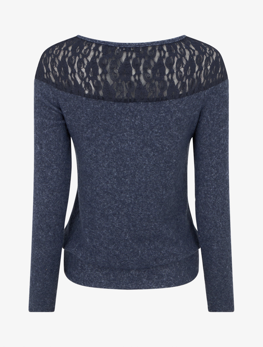 Pull duveteux droit à col rond et empiècement dentelle - Marine - 2