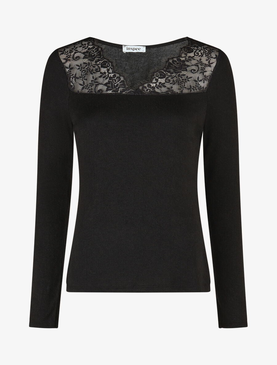 Pull fin à encolure carrée empiècement dentelle - Noir - 1