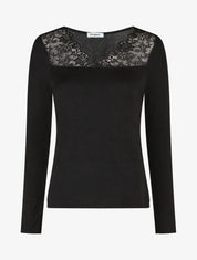 Pull fin à encolure carrée empiècement dentelle - Noir - 1