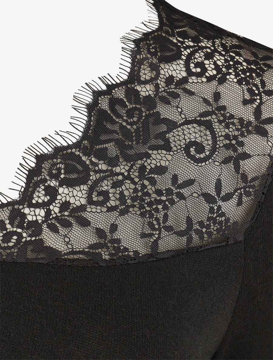 Pull fin à encolure carrée empiècement dentelle - Noir - 3
