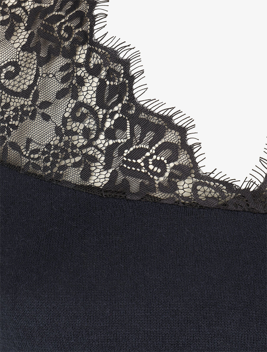 Pull fin à encolure carrée empiècement dentelle - Marine - 3