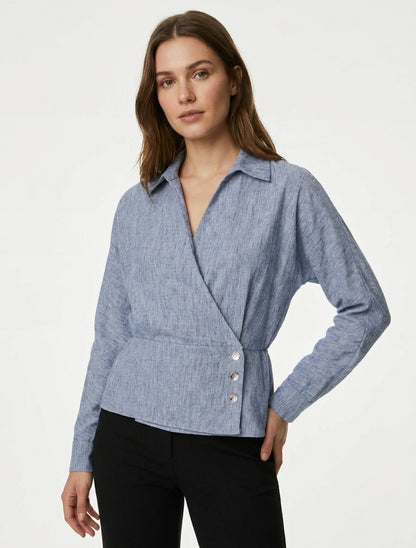 Elastische Bluse mit Wickelausschnitt - Meliertes Blau
