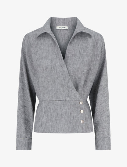 Blouse élastiquée à col cache-coeur - Noir chiné - 1