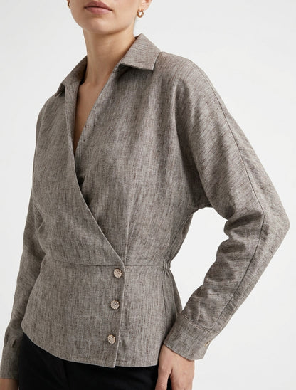 Elastische Bluse mit Wickelausschnitt - Meliertes Braun