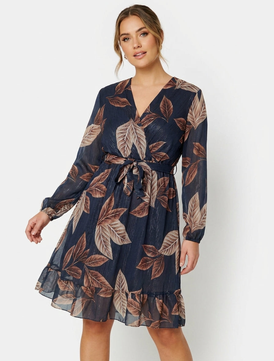 Irisierendes Kleid mit Blätterdruck und Rüschenkanten - Mitternachtsblau