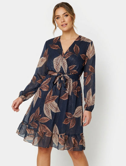 Irisierendes Kleid mit Blätterdruck und Rüschenkanten - Mitternachtsblau