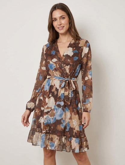 Irisierendes Kleid mit abstraktem Blumenmuster und Rüschenkanten - Braun