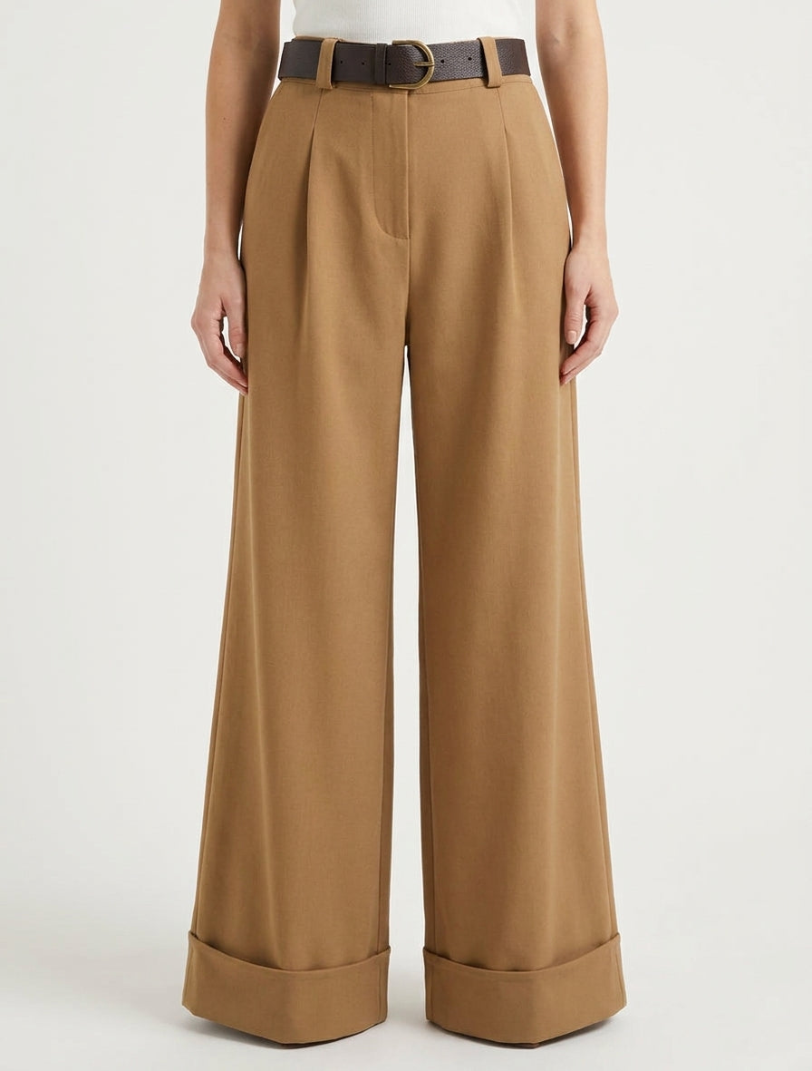 Hose mit hoher Taille und Umschlag - Kamel