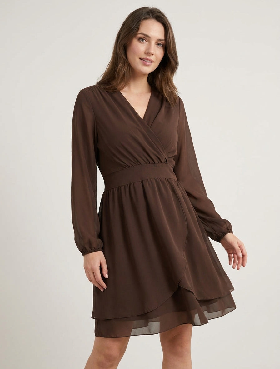 Unifarbenes Wickelkleid mit langen Ärmeln - Braun