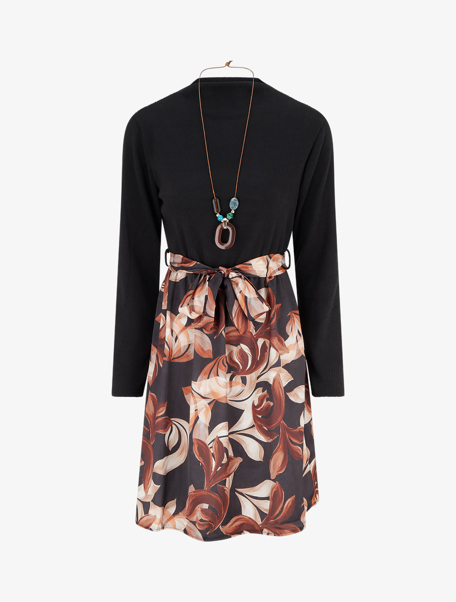 Robe bimatière à imprimé feuillage stylisé - Noir - 1