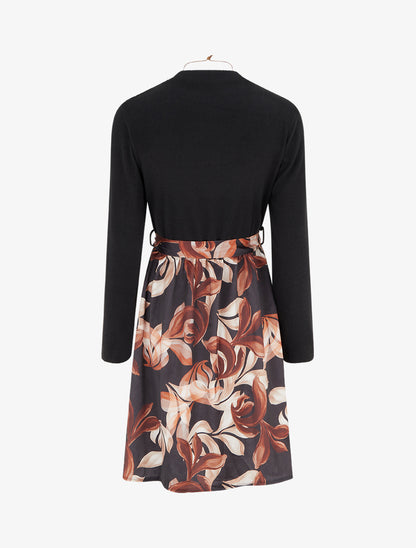 Robe bimatière à imprimé feuillage stylisé - Noir - 2