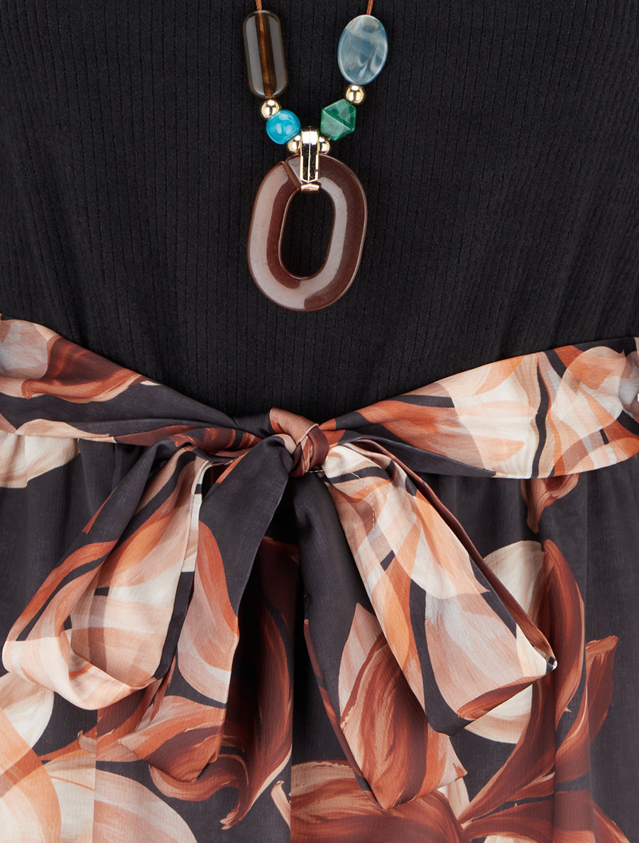 Robe bimatière à imprimé feuillage stylisé - Noir - 3