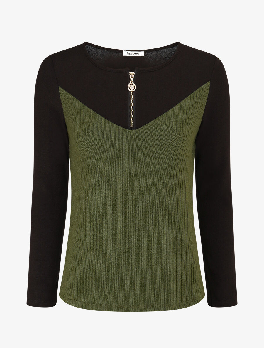 Pull bimatière à encolure zippée - Vert - 1
