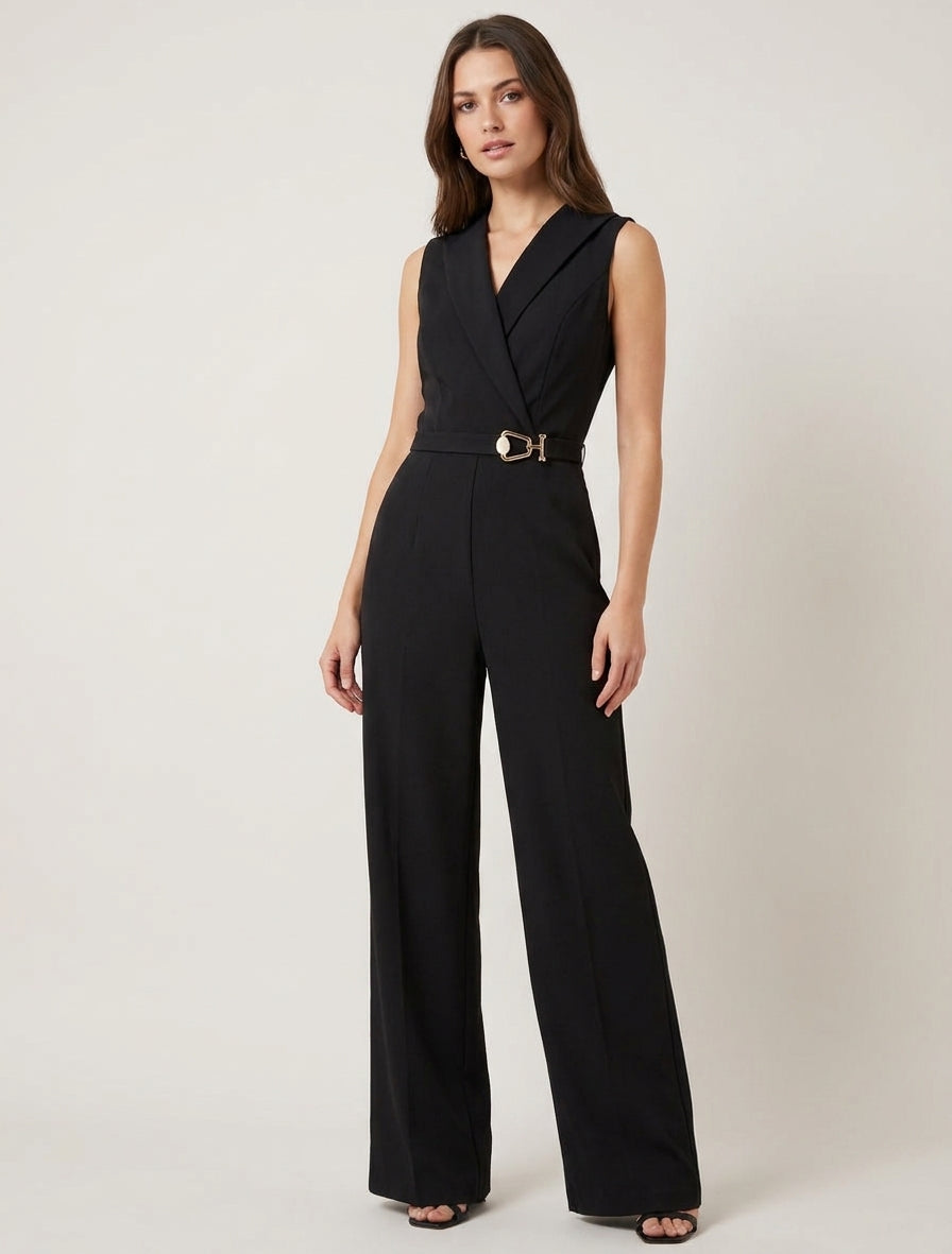 Gerader Overall mit Wickelkragen und Schmuck. - Schwarz