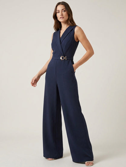 Gerader Overall mit Wickelkragen und Schmuck. - Marine
