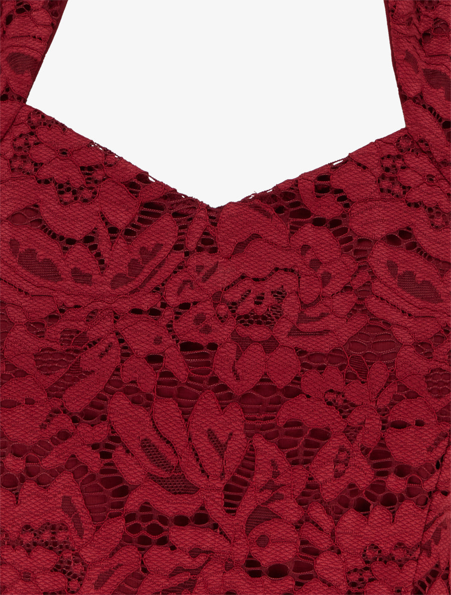 Robe moulante à buste en dentelle et manches courtes - Bordeaux - 3