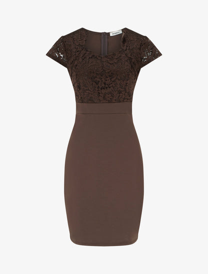 Robe moulante à buste en dentelle et manches courtes - Marron - 1