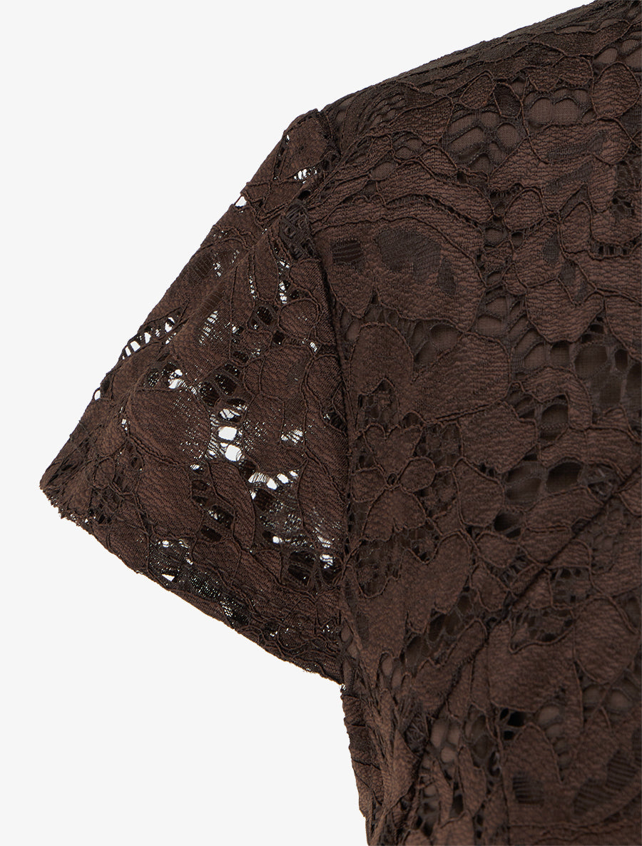 Robe moulante à buste en dentelle et manches courtes - Marron - 3