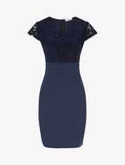 Robe moulante à buste en dentelle et manches courtes - Marine - 1