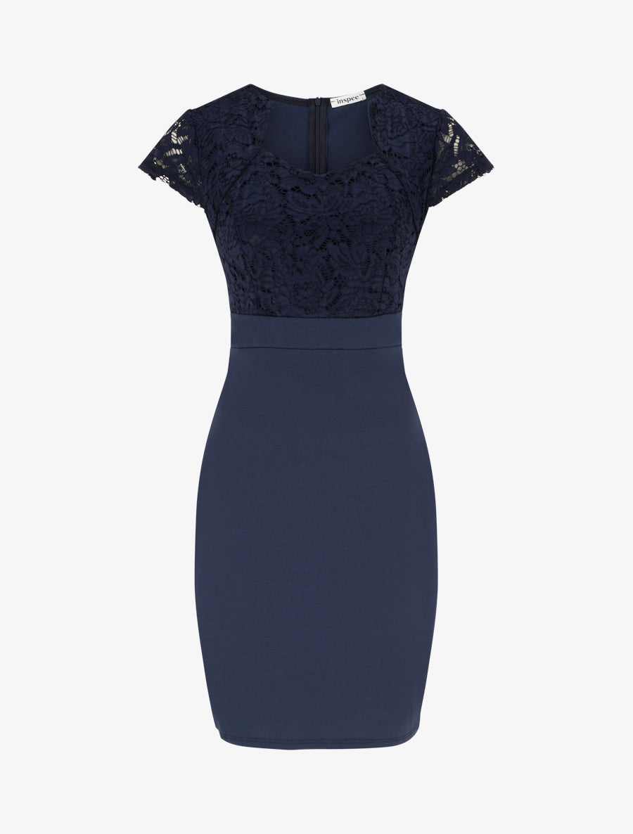 Robe moulante à buste en dentelle et manches courtes - Marine - 1