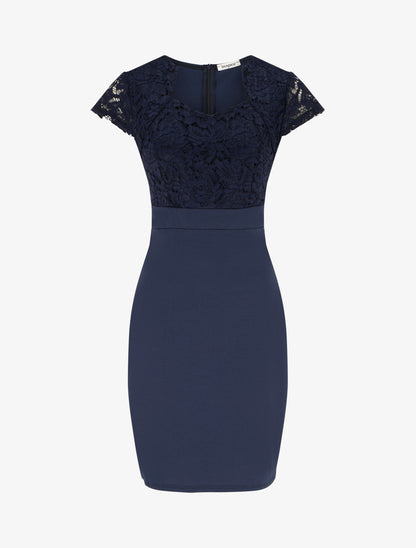 Robe moulante à buste en dentelle et manches courtes - Marine - 1