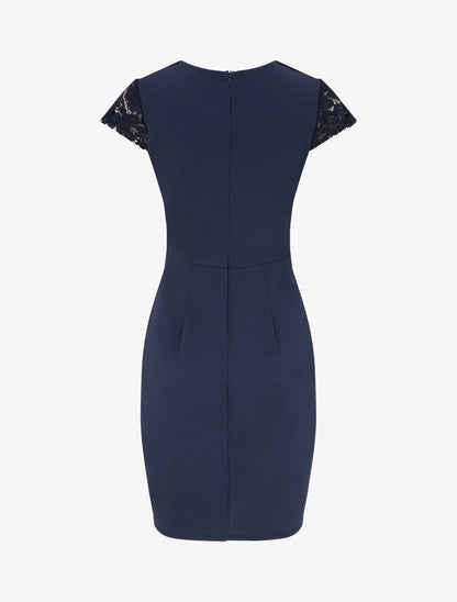 Robe moulante à buste en dentelle et manches courtes - Marine - 2