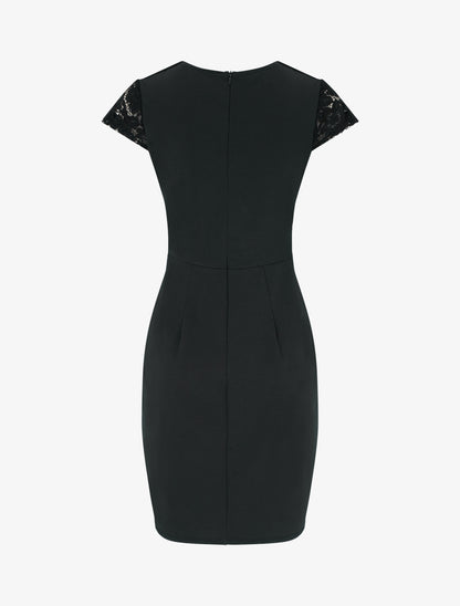 Robe moulante à buste en dentelle et manches courtes - Noir - 2