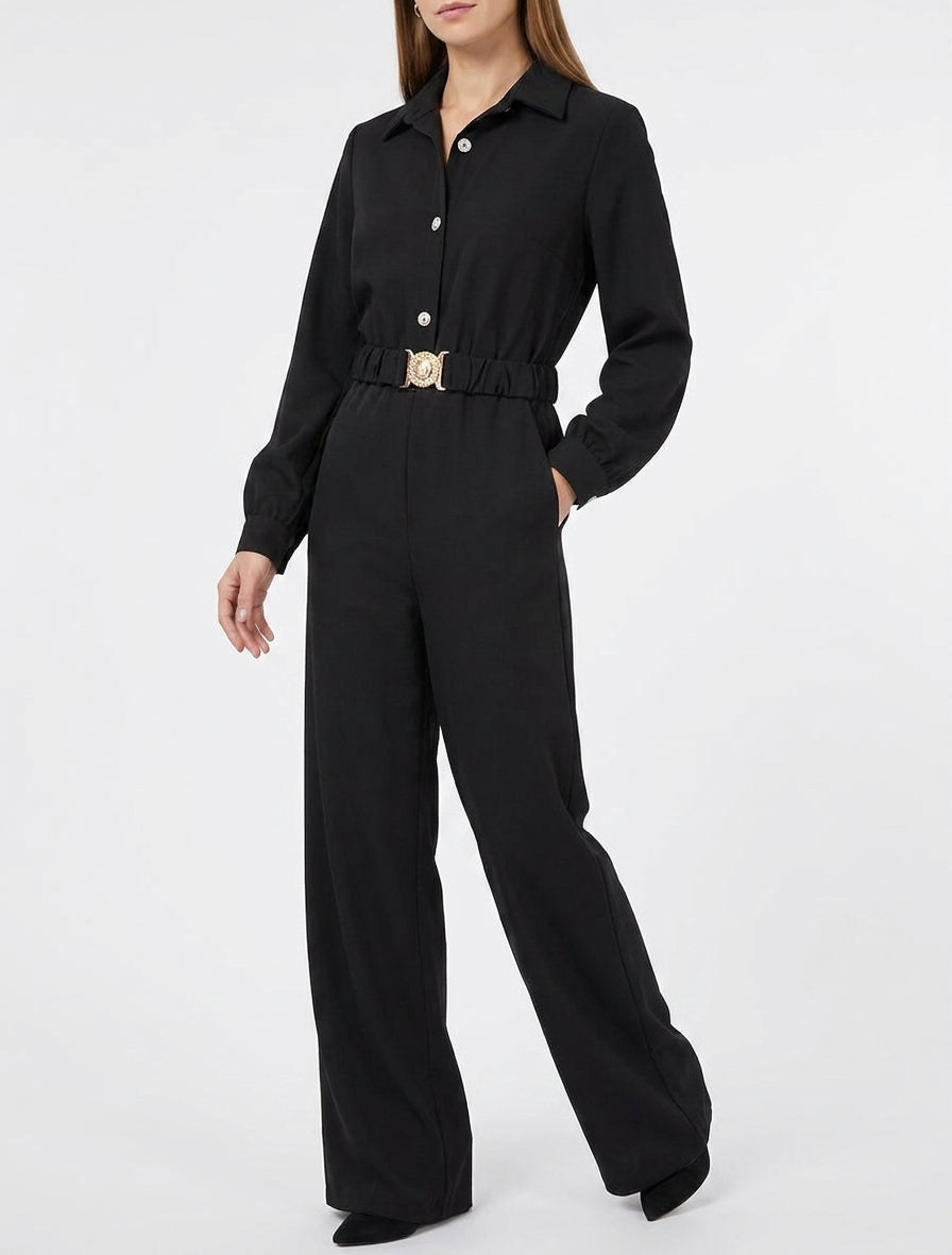 Langärmeliger Overall mit Gürtel - Schwarz