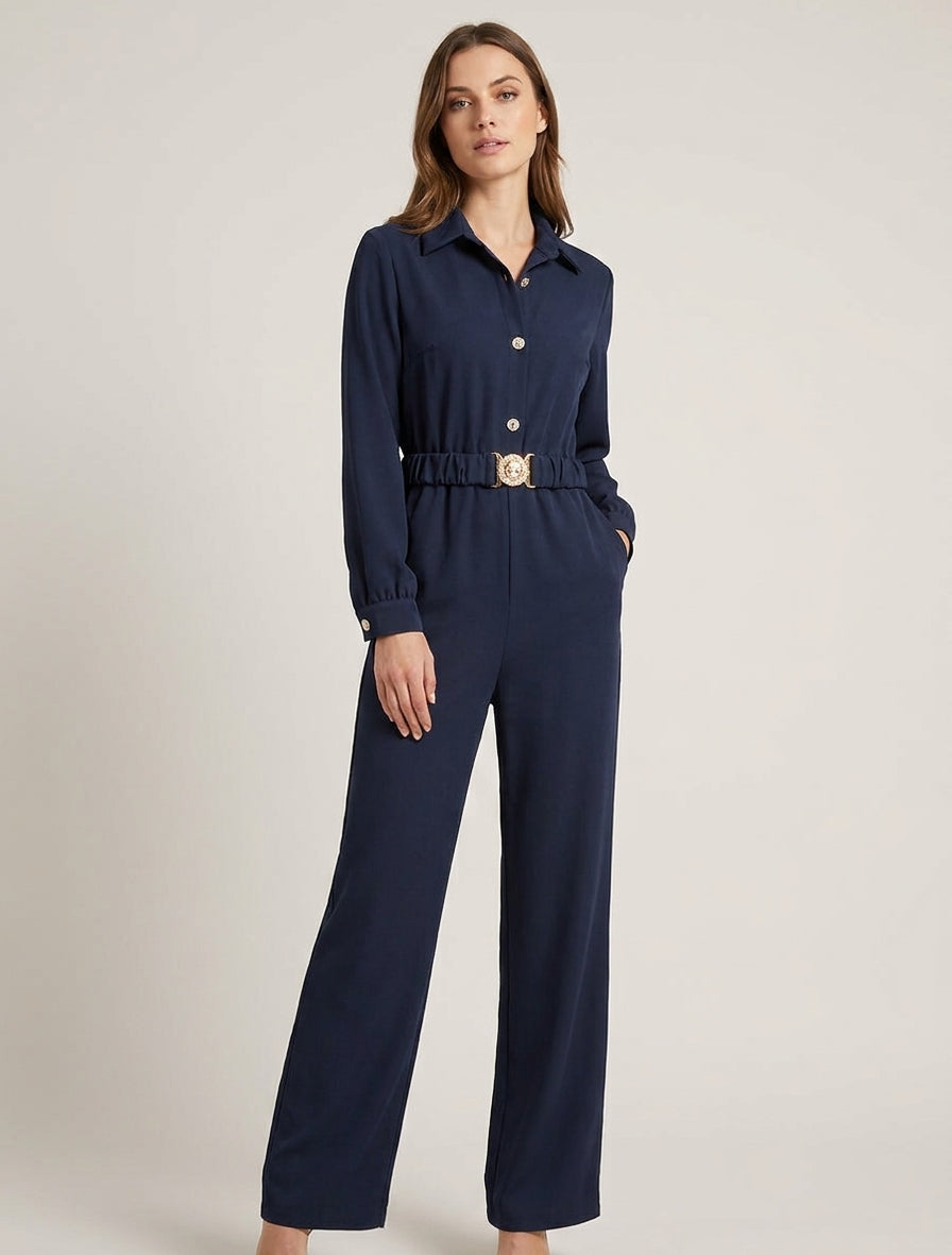 Langärmeliger Overall mit Gürtel - Marine