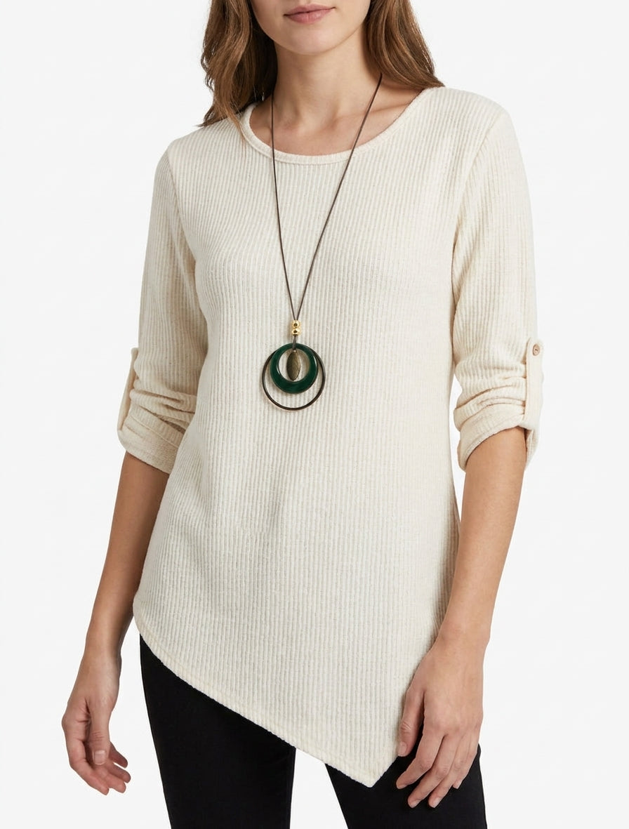 Gerippter Pullover mit aufkrempelbaren langen Ärmeln - Creme