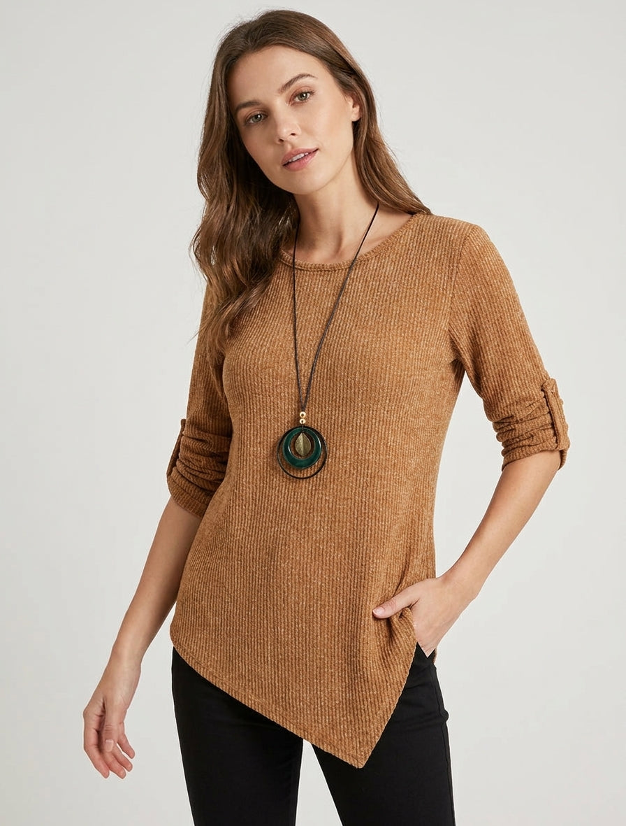 Gerippter Pullover mit aufkrempelbaren langen Ärmeln - Kamel