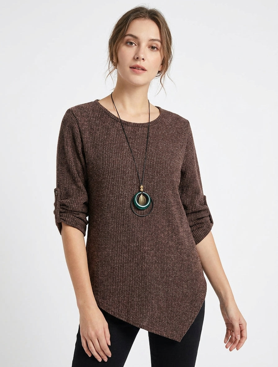 Gerippter Pullover mit aufkrempelbaren langen Ärmeln - Braun