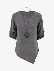 Pull effet côtelé à manches longues retroussables - Gris - 1