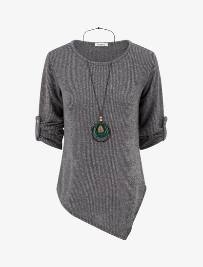 Pull effet côtelé à manches longues retroussables - Gris - 1