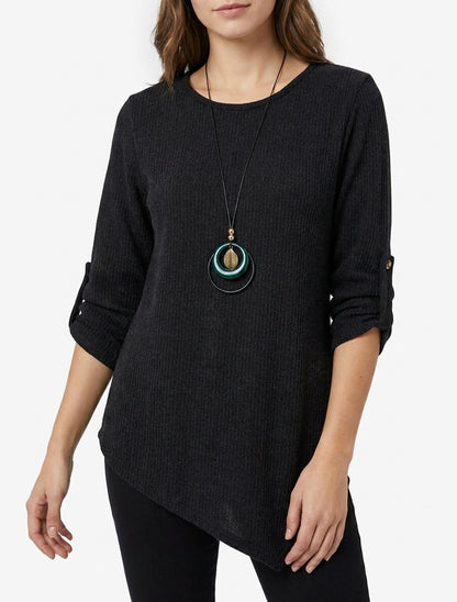 Gerippter Pullover mit aufkrempelbaren langen Ärmeln - Schwarz