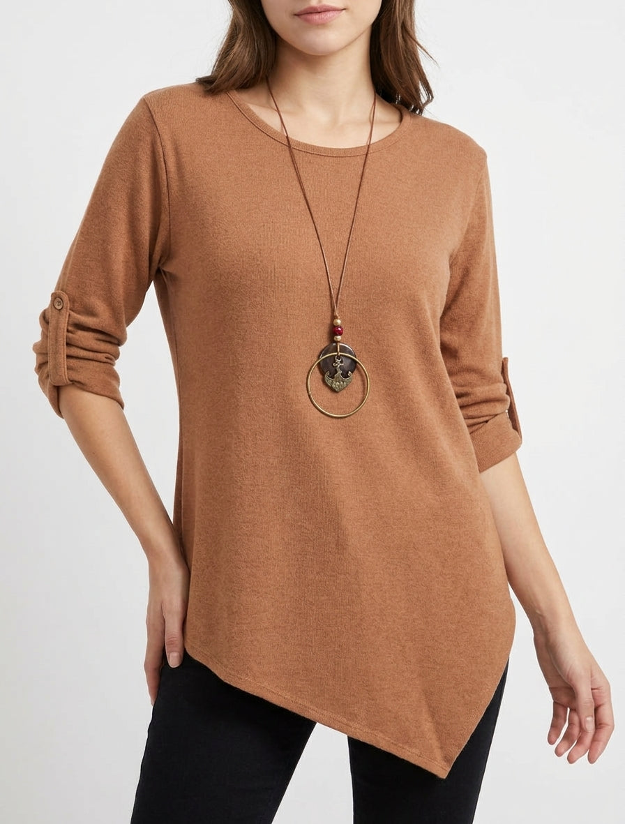 Einfarbiger Pullover mit aufrollbaren langen Ärmeln - Kamel