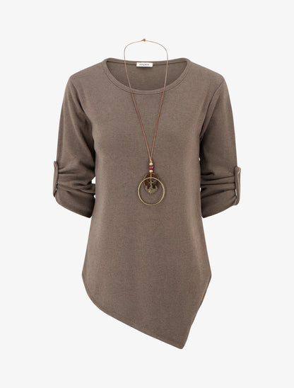 Pull uni à manches longues retroussables - Taupe - 1