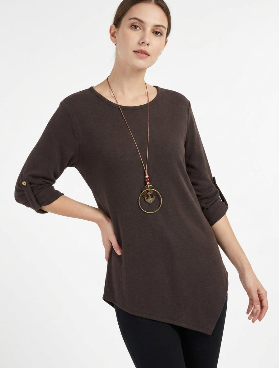 Einfarbiger Pullover mit aufrollbaren langen Ärmeln - Braun