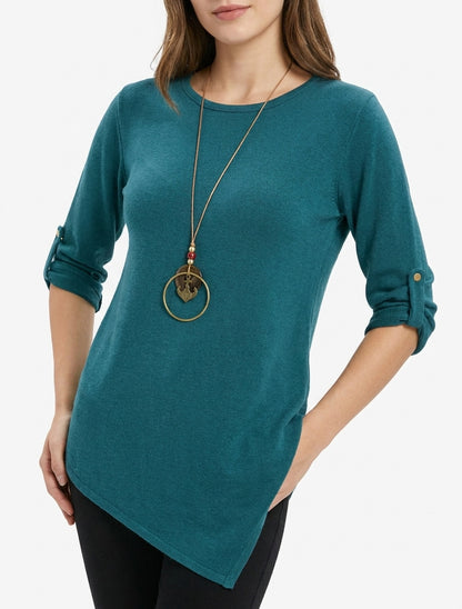 Einfarbiger Pullover mit aufrollbaren langen Ärmeln - Entenblau