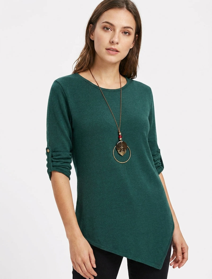 Einfarbiger Pullover mit aufkrempelbaren langen Ärmeln - Tannengrün
