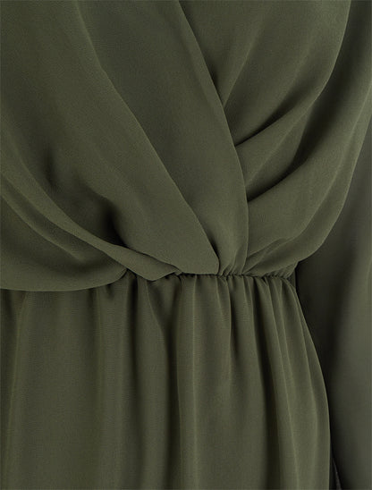 Robe évasée en voile à col cache-coeur - Kaki - 3