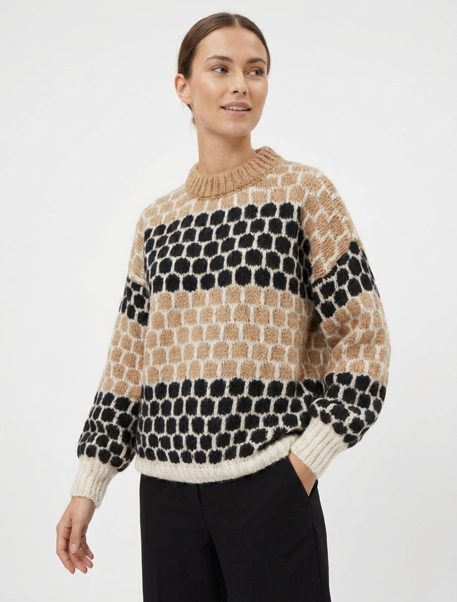 Pullover aus Mohair-Mischung mit Rundmuster - Kamel/schwarz