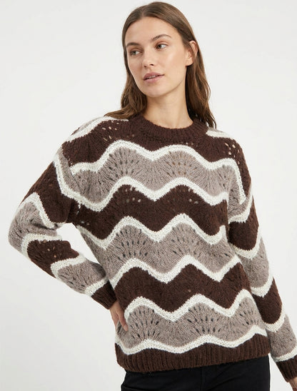 Pullover aus Mohair-Mischung mit gebogenem Streifenmuster - Braun/Taupe