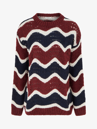 Pull en mohair mélangé à motif rayures courbées - Marine/bordeaux - 1