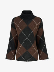 Pull à col montant et motif carreaux en mohair mélangé - Marron - 1